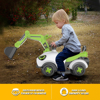 Ride On Electric Motor Excavator With Manual Digger & Music Sounds Green/Red/Orange