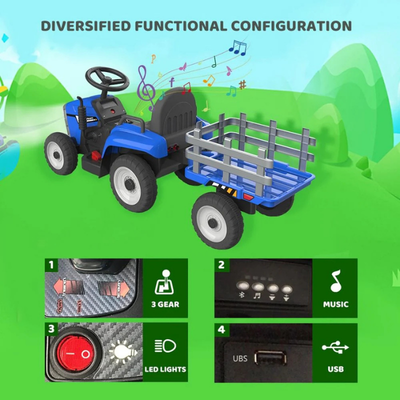 Electric Tractor 12V Ride-On Toys with Trailer, Music, Manual Gear Shift and Remote Control