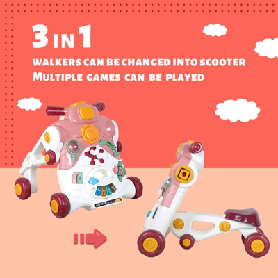 3 in 1 Sit-to-Stand Baby Push Walkers for Toddlers and Infants, Multiple Activity Center /Lights, Music, Detachable Panel, Gift for Babies between 6 ~ 36 Months (Pink/Green)